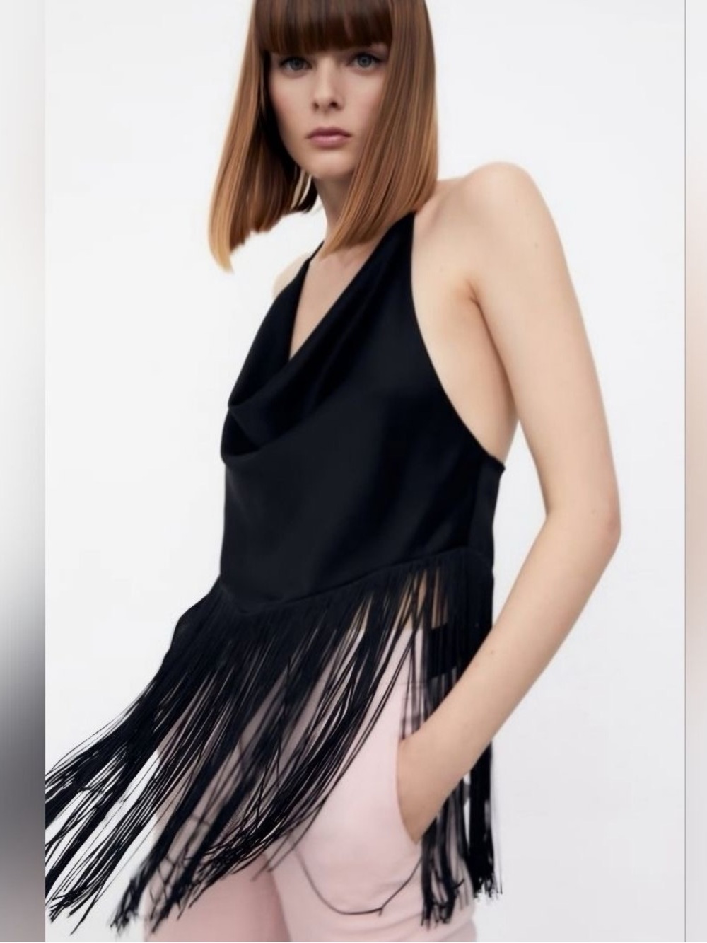 Zara Black Satin Cowl Neck Fringe Tank Top